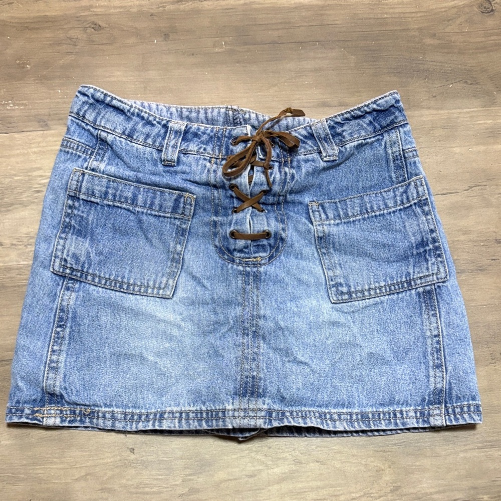 Light Blue Denim Lace-Up Pocket Skirt for Girls